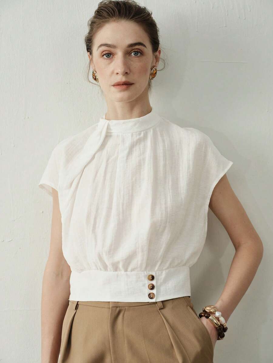 Aalyst 女士春夏休闲装，优雅时尚亚麻扭领收腰短袖衬衫，白色 - 白色 - 查看 1