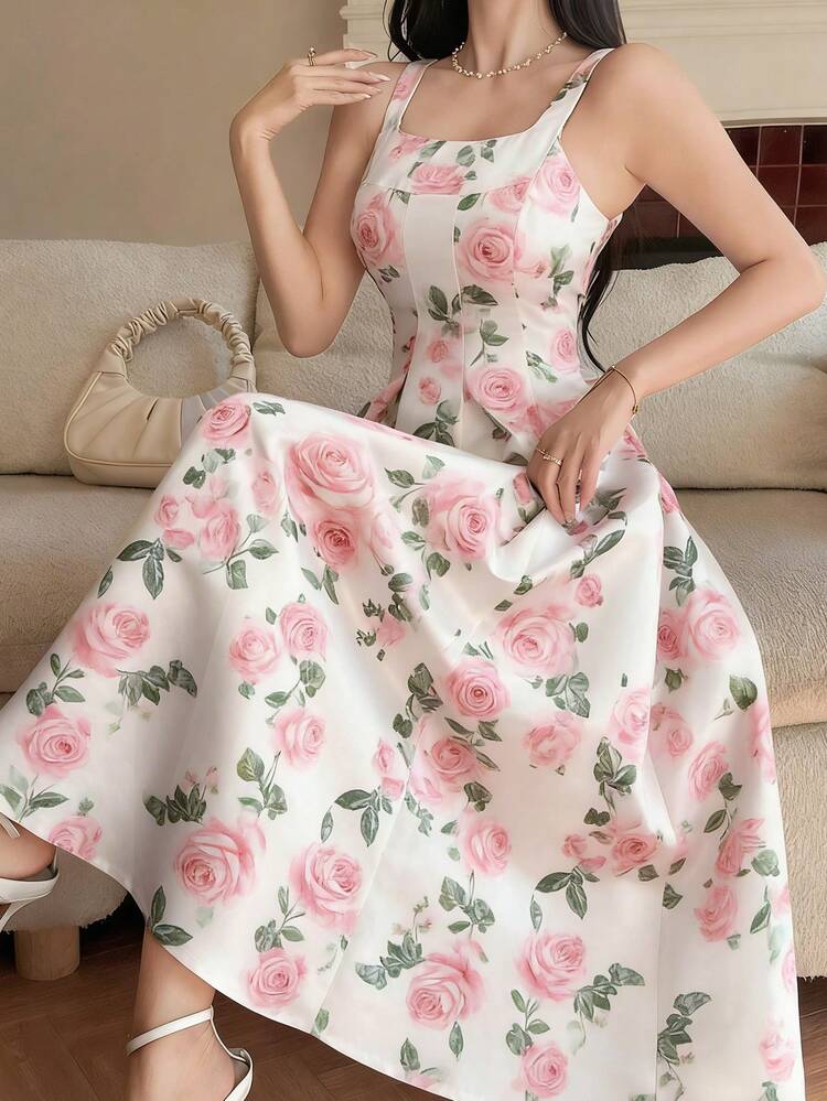 Women's Elegant Floral Print Sleeveless Square Neck Midi Dress, Summer Wedding Guest Dress Sundress