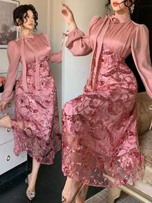 DAZY Đầm dài ngang gối thanh lịch dành cho nữ, phối sequin, cổ bèo nhún, tay phồng, thích hợp cho dự tiệc cưới mùa xuân/hè, đầm maxi hoặc đầm mùa hè. - Hồng - Xem 12