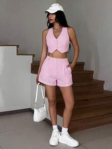 SHEIN EZwear 蓝白条纹无袖背心短裤套装，春夏秋冬早午餐两件套，亚麻两件套，夏季两件套，女士套装，夏季背心短裤两件套，夏季套装，女士套装，女士夏季两件套，米色两件套，女士度假套装，粉色条纹短裤套装，女士夏季两件套，女士夏季套装，女士休闲两件套 - 粉色 - 查看 3