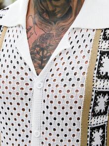 Manfinity RSRT 男士夏季休闲沙滩度假拼接图案V领开襟针织上衣 - 白色 - 查看 8