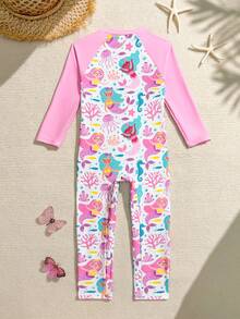 SHEIN 1 bộ đồ bơi liền thân dài tay in hình nàng tiên cá cho bé gái - Hồng - Xem 2