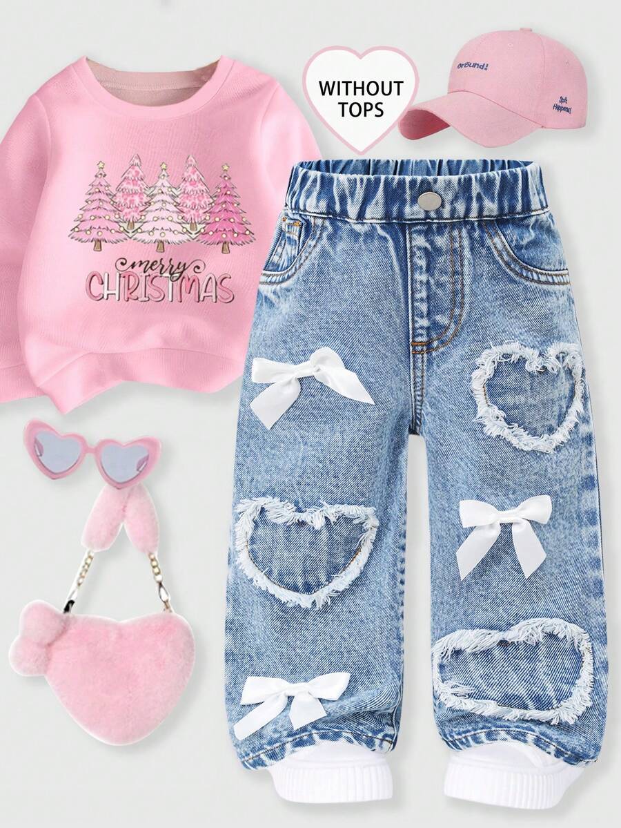 Baby Girls' Denim Jeans, Casual & Cute, Elegant Decor With Bow Tie & Heart Embroidery, Straight Leg, Elastic Waist, Comfortable Cotton Denim, Suitable For Daily Wear, Outings, Travel, Autumn New Arrival - Medium Wash - View 1