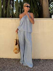 Livesso Spring & Summer Fashion Blue Asymmetrical Shoulder Crop Top & Straight Leg Casual Pants 2-Piece Set, Elegant For Business, Leisure, Home, Vacation - Dusty Blue - View 2