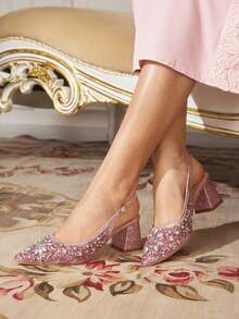 CUCCOO TILAWA Chaussures pour femmes à talon carré en tissu avec décoration de strass en verre. Chaussures à talons hauts pointus, convenant pour les sorties, les banquets, les fêtes et autres activités - Rose bonbon - Voir 5