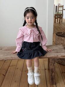 DAZY Camisa casual de manga larga con estampado a cuadros, estilo coreano para niña bebé - Rosa - Ver 1