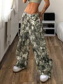 StreetHx Women's Fashion Casual Street Full Print Loose Denim Wide Leg Pants - Multicolor - View 5