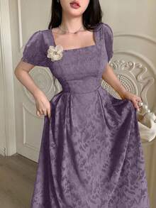Modelyn Cut-Out Waist Flared Dress With 3D Floral Decor For Women - Purple - View 3