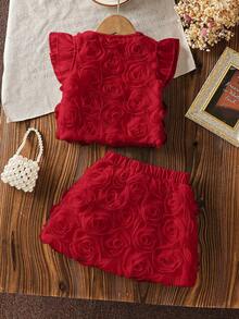 SHEIN 2pcs Baby Girl Red Summer Elegant Glam 2nd Birthday Outfit Chic 3D Rose Floral Petal Texture Tulle Ruffle Flutter Sleeve Tops&Skirts Set Easter Dress - Red - View 2