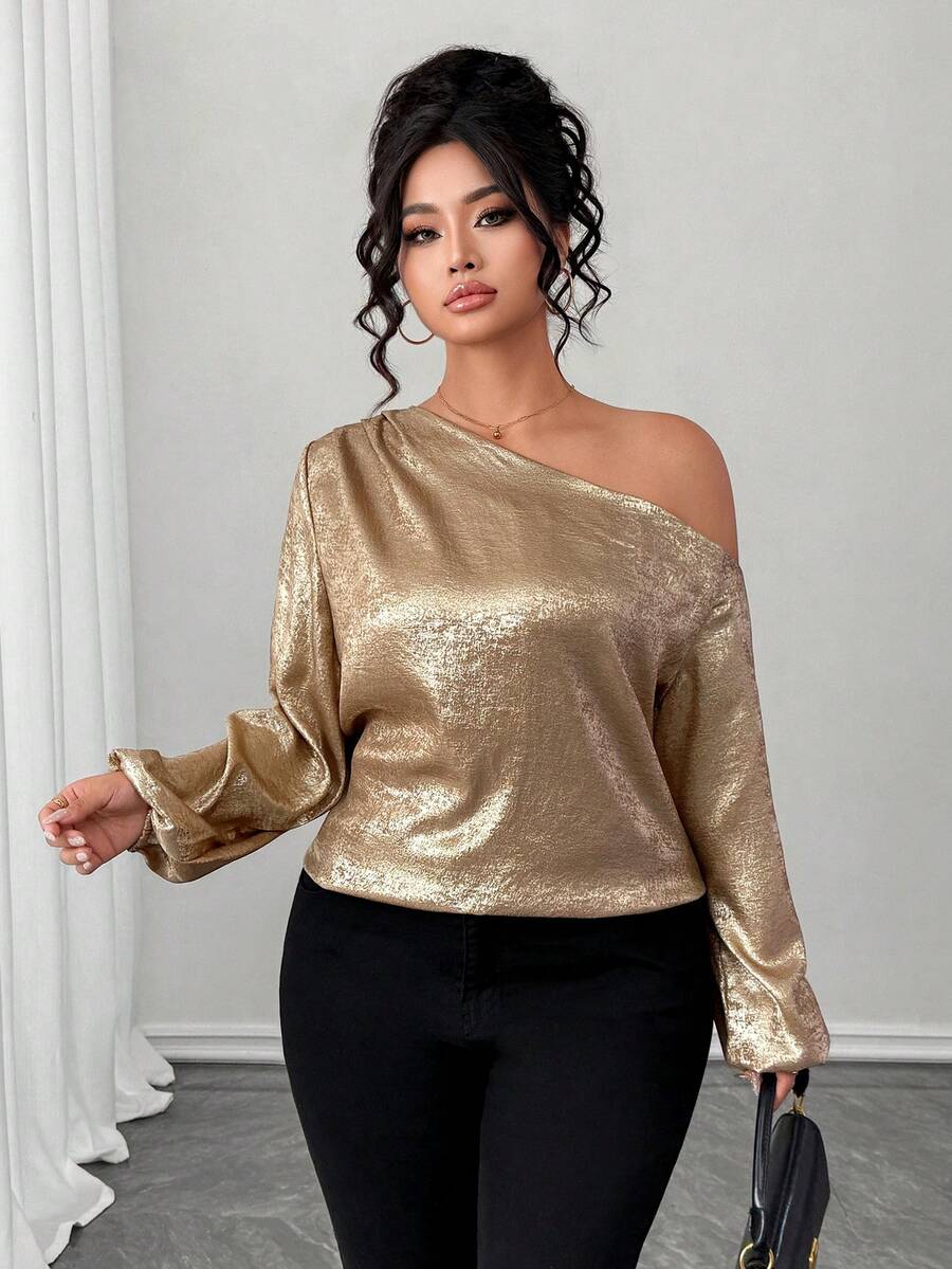 SHEIN PETITE CURVE 大码优雅金属装饰灯笼袖上衣,秋季 - 金色 - 查看 1