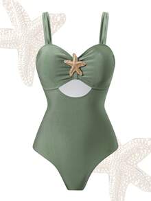 Swim Oasis 2026 New Spring/Summer Plus Size Women's Fashionable One-Piece Swimsuit With Starfish Decor, Paired With Skirt, Slimming Vacation 2-Piece Set - Army Green - View 12