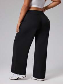 Rhythm Era Plus Size Women Casual Solid Color Twist Waist Loose Wide Leg Sports Pants, Versatile For Daily Commute Wide Leg Sweatpants Dance Studio Pants Wide Leg Yoga Pant Loose Pants Wide Leg Legging Wide Leg Yoga Pants With Pockets Wide Leg Athletic Pant Loose Workout Pants Black Wide Leg Pants Women Women's Wide Leg Pant Wide Leg Sweats - Black - View 2