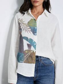 Aveloria Modichic 白色亚麻质感植物印花女式衬衫，花卉艺术插画印花，宽松直筒版型，长袖翻领设计，适合通勤、度假、休闲穿着。 - 白色 - 查看 5