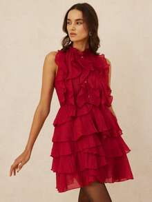 Aveloria Rosie Đầm ngắn không tay cổ tròn, xếp ly, chất liệu vải nhẹ, thanh lịch kiểu Pháp dành cho phụ nữ. - Đỏ - Xem 3