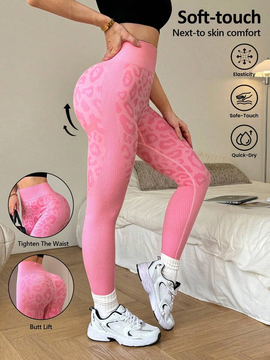 Slayform Leggings de cintura alta elástica con estampado de leopardo para mujer - Rosa - Ver 1