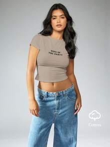 MISSGUIDED Bridal Wife Of The Party Cotton Slogan Short Sleeve Fitted Crop Top Crew Neck Tee - Grey - View 7