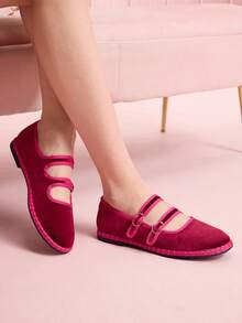 CUCCOO DOLLMOD 女士经典酒红色双条纹丝绒平底鞋 - 酒紅色 - 查看 3