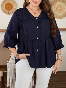 Lacomfia Plus Size Women's Fashion Long Sleeve Pleated Front Drawstring Long Sleeve Blouse - Navy Blue - View 7
