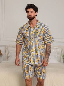 DAZY Summer Short Sleeve Floral Print Casual Pajama Set For Men - Multicolor - View 4