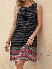 EMERY ROSE 女士休闲佩斯利印花流苏系带无袖迷你连衣裙，适合夏季度假 - 彩色 - 查看 6