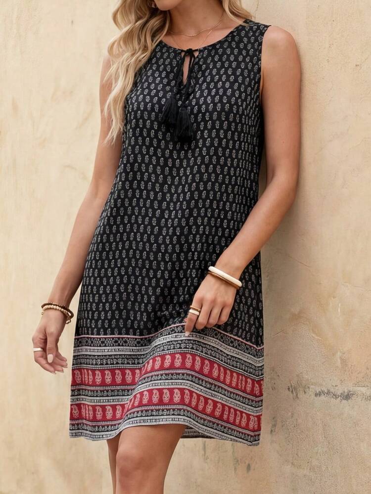 Women's Casual Paisley Print Fringe Tie-Up Sleeveless Mini Dress, Suitable For Summer Vacation