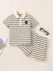 SHEIN Casuvi Kids Set de 2 piezas de top con media cremallera y pantalones cortos de tela acanalada para niño, versátil para verano, exterior, todas las ocasiones, simple y cómodo - Multicolor - Ver 4