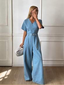 DAZY Women's V-Neck Short Sleeve Waist Cinched Casual Denim Jumpsuit - Light Wash - View 3