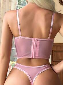 蕾絲網細肩帶有胸托內衣及內褲套裝 - 粉色 - 查看 2