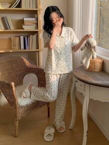 Girls'Ditsy Floral Pajama Set,Cute Beige Summer Sleepwear With Heart Pocket,Lace Trim,Collared Cardigan & Pants,Comfortable Soft 2 Piece Pajama Set - Apricot - View 1