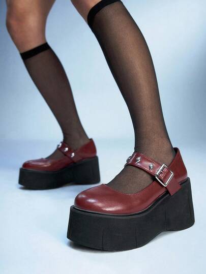 Sugerpunk Women's Fashionable Casual Spring/Summer Mary Jane Wedge Platform Shoes, Gothic Punk Style Dark Series Single Strap Studded Elastic Buckle Round Toe Low-Cut Shoes For Nightclubs, Parties, Festivals, And Daily Commuting.