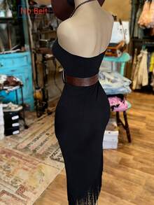 NostaNoir Vestido de mujer de unicolor con volantes asimétricos en el bajo y sin tirantes (cinturón no incluido) - Negro - Ver 3