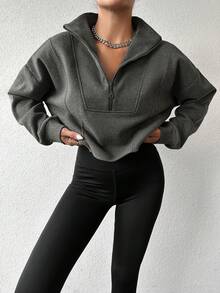 EURMUSE Sudadera Corta Con Hombros Caídos Y Media Cremallera De Color Sólido Para Mujeres - Verde militar - Ver 4