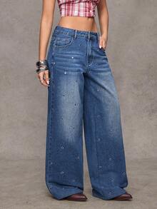 Flirla Women's Fashion Casual Distressed Metal Grommet Y2K Wide Leg Straight Leg Jeans - Medium Wash - View 5