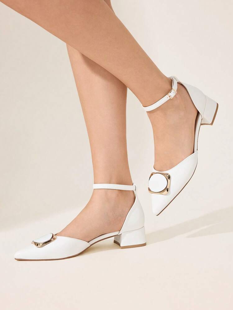 CUCCOO CHICEST Women's Elegant Commuting Minimalist White PU Leather Pumps With Metal Round Buckle Decor, Chunky Heel, Suitable For Work, Date, Afternoon Tea Wedding Shoes Spring Shoes Bride Shoes