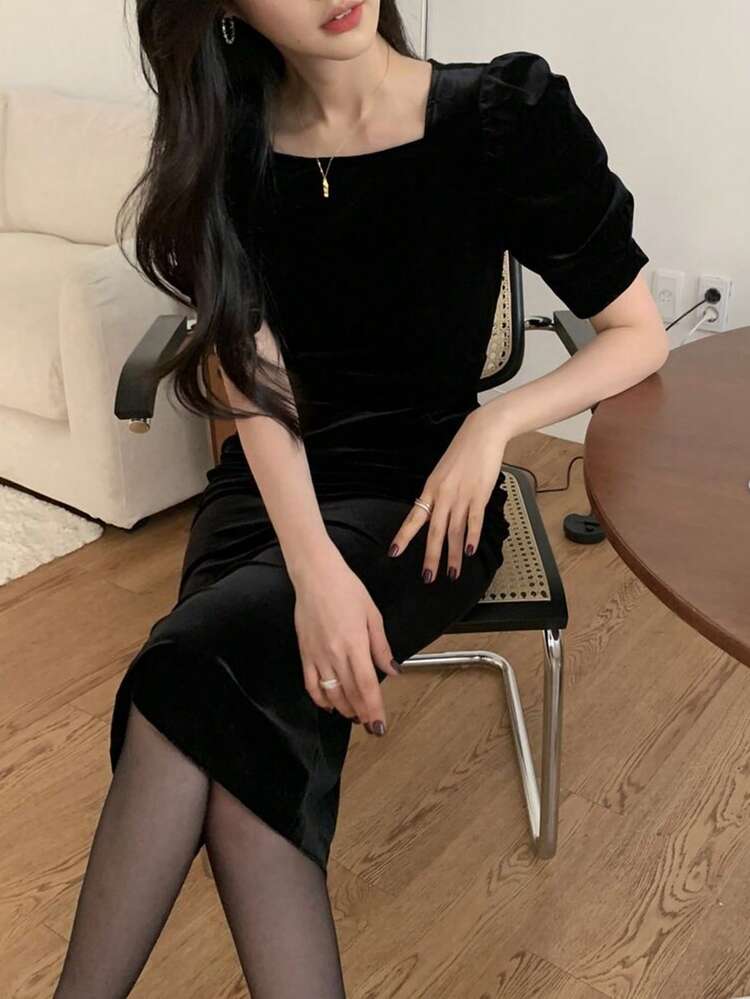 Tall Women's Velvet Petal Sleeve Dress With Turndown Collar