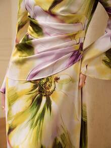 ZEYLAH Đầm satin in hoa thanh lịch, ôm dáng, thắt nơ, thích hợp cho mùa xuân/hè. - Vàng nhạt - Xem 2