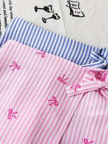 SHEIN LMoss Kids 2件套 女童条纹蝴蝶结印花裹身休闲短裙 蝴蝶结短裤 可爱夏季短裤 夏季格子裙 蝴蝶结套装 蝴蝶结短裤 夏季短款短裤 条纹短裤 蝴蝶结图案短裤 夏季柔软时尚条纹缎带图案弹力腰短裤 可爱宽松夏季下装 - 彩色 - 查看 8