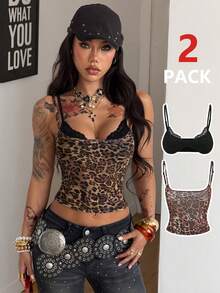 Coolane Bộ đồ nữ mùa xuân/hè phong cách đường phố cổ điển phương Tây gợi cảm gồm áo hai dây xuyên thấu họa tiết da báo, phối cùng áo ngực hai dây ren đen, áo corset và áo hai dây. - màu nâu - Xem 3