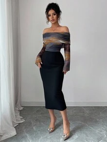 Modelyn Knitted Tie Dye Print Elastic Mesh Splice Solid Black Off Shoulder Long Sleeve Fitted Bodycon Party Graduation Elegant Fashionable Dress, Autumn - Black - View 5