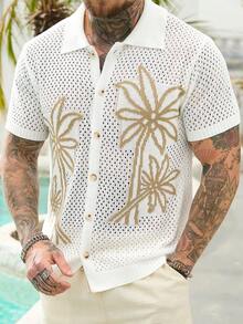 Manfinity RSRT Men's Summer Casual Vacation Coconut Tree Pattern Front Button Hollow Knit Top - White - View 4