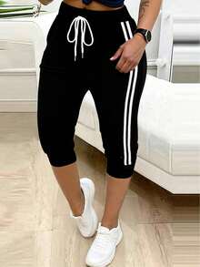 DrmWander Women's Vacation Vibe Letter & Side Stripe Print Drawstring Waist Capri Pants - Black - View 3