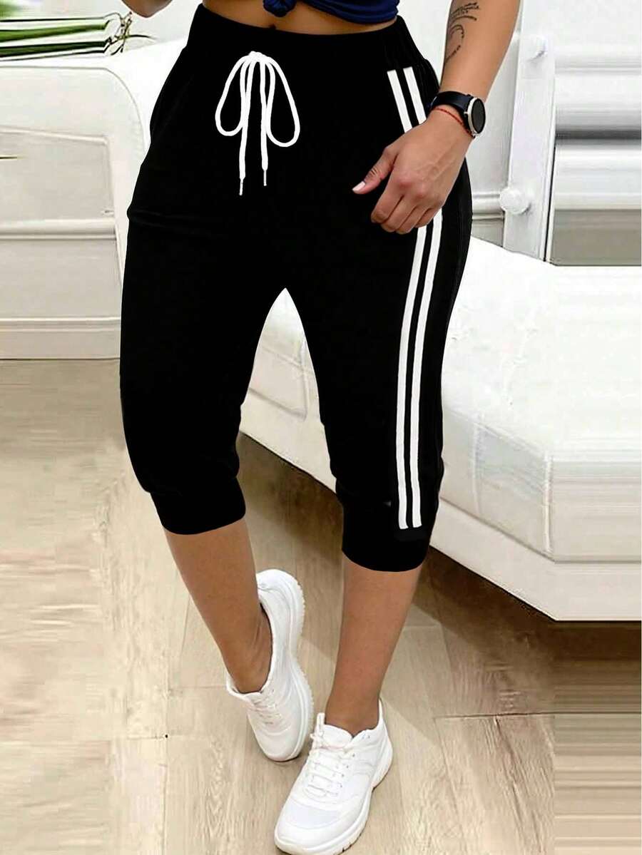DrmWander Women's Vacation Vibe Letter & Side Stripe Print Drawstring Waist Capri Pants - Black - View 1