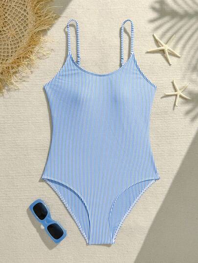 少女条纹休闲吊带连体泳衣，适合海滩度假、泳池派对、沙滩派对