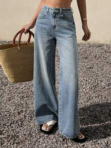 DAZY 女士常规腰围宽松斜插口袋休闲直筒裤 - 中等水洗藍 - 查看 3