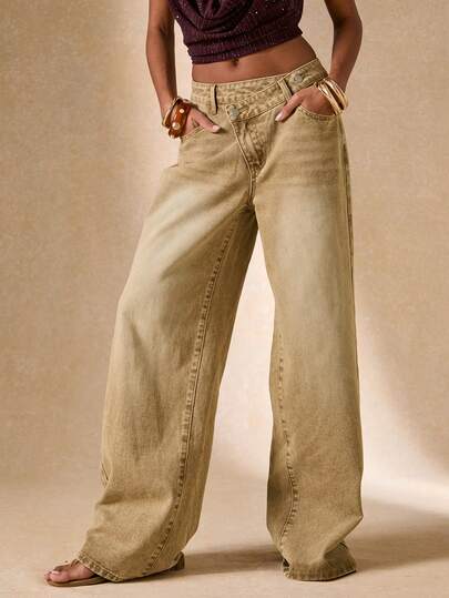 SHEIN BAE Jeans anchos de pierna ancha con lavado vintage asimétrico en la cintura, adecuados para uso casual, salidas diarias, denim retro, festivales de música, celebraciones, ir y venir, temporada de regreso a clases, primavera/verano