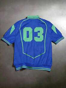 SUMWON Retro Style Polo Shirt With Number 03 Print Classic Collar Short Sleeve Casual Top - Blue - View 2