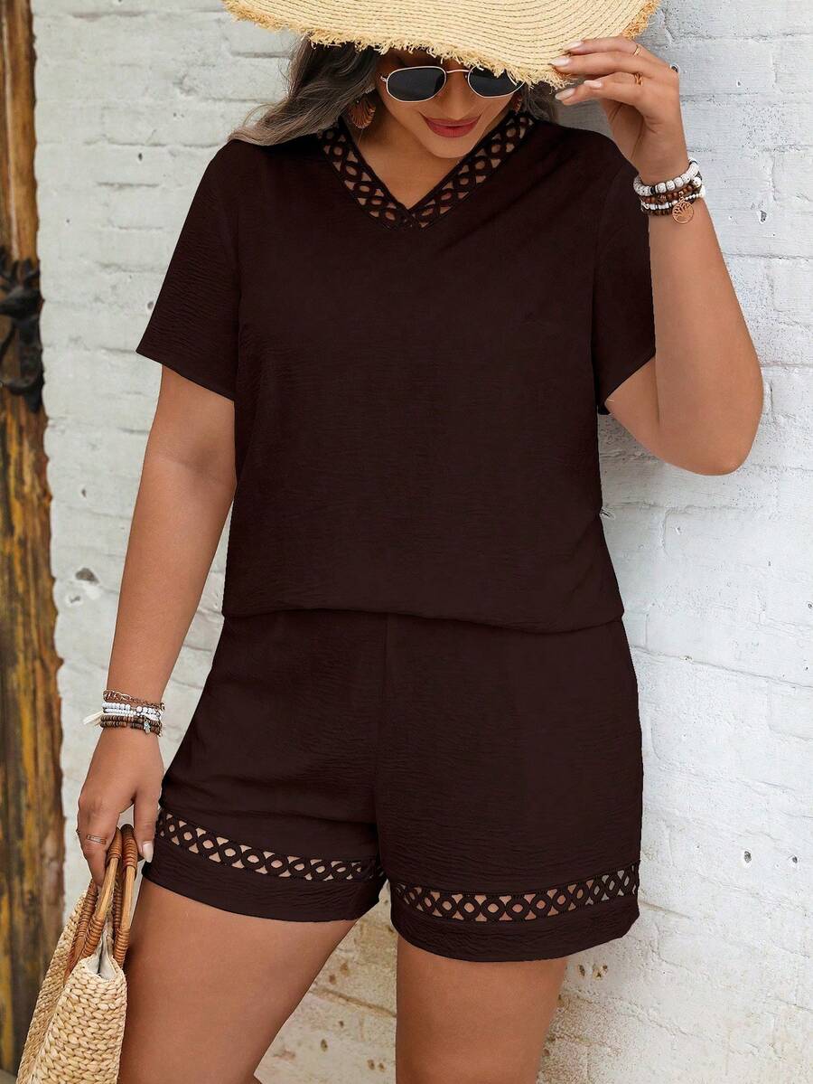 EMERY ROSE Conjunto de talla grande para mujer de unicolor con cuello en V, volantes y mangas cortas, casual, de vacaciones, diario y elegante, para primavera/verano - Café integral - Ver 1