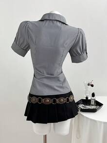 Elamini 复古时尚通勤条纹撞色翻领修身短袖衬衫，女士上衣和衬衫，女士办公室工作服，职业衬衫，女士衬衫，新款正式服装，女士工作上衣 - 黑色 - 查看 2