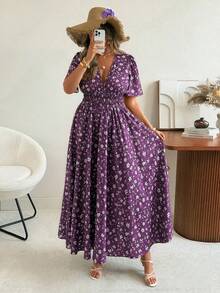 Ceyna 大码女装新款浪漫优雅碎花短袖连衣裙，夏季度假连衣裙，侧开衩，梭织印花长裙，女士度假连衣裙，紫色碎花连衣裙，女士梅子色连衣裙，紫色夏季连衣裙，紫罗兰色连衣裙，女士紫色碎花连衣裙，紫色吊带裙，淡紫色连衣裙，女士连衣裙，女士夏季连衣裙，女士连衣裙，女士裹身裙，女士复古连衣裙，女士连衣裙缝纫图样，女士波西米亚风服装，女士波西米亚风长款休闲连衣裙 - 紫色 - 查看 5