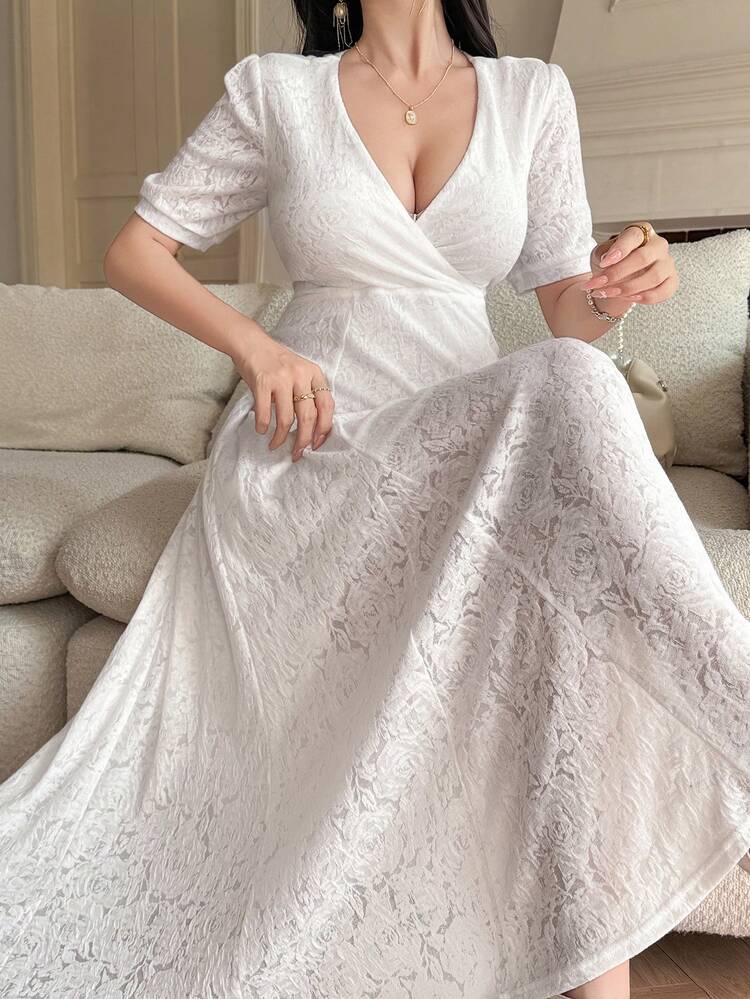 Elegant V-Neck Short Sleeve Midi Dress For Women Sun Dresses For Women